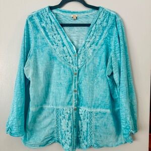 Reba Turquoise Button-Up Embellished Boho-Western Blouse 100% Cotton XL